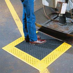 For use in wet or dry areas in factories, work stations, machine shops, plants. Elevated, studded surface ribs and drainage holes designed to reduce costly slip and fall accidents. Resistant to most chemicals and acids; non-flammable composition.