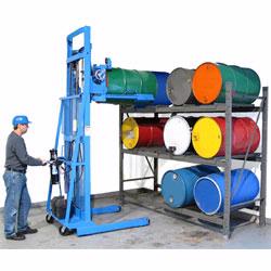 Morse drum rackers raise drums, then rotate them into a horizontal position for placement on a drum storage rack.